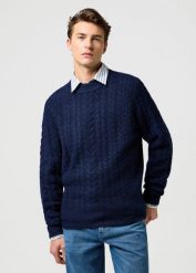 MESKI SWETER WRANGLER CABLE KNIT SWEATER DENIM HEATHER 112371654. Brązowe swetry przez głowę męskie Wrangler, m, bez wzorów, z denimu, bez kołnierzyka. Za 169.99 zł.