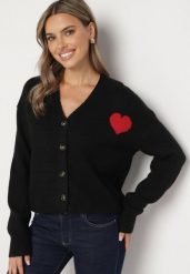 Czarny Kardigan na Guziki z Sercem Miathenae. Czarne kardigany damskie Born2be, z aplikacjami, eleganckie. Za 139.99 zł.