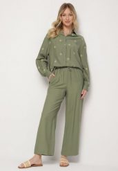 Zielony Komplet z Wiskozy o Kroju Oversize Koszula z Haftem i Spodnie Sadeonna. Zielone koszule damskie Born2be, na lato, l, bez wzorów, z wiskozy, eleganckie, bez kołnierzyka, bez ramiączek. Za 129.99 zł.