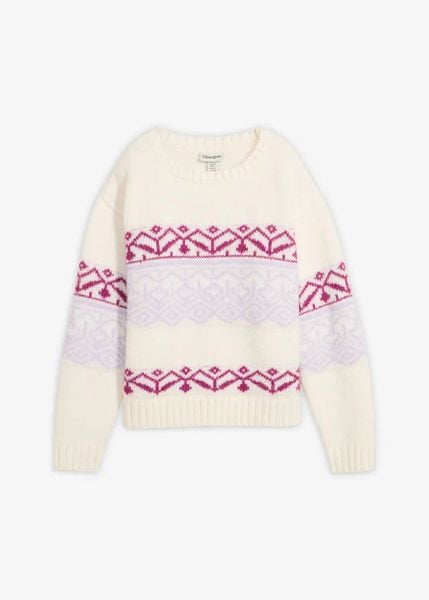 Sweter z norweskim wzorem. Białe swetry damskie bonprix, bez wzorów, bez kołnierzyka, bez ramiączek, bez kaptura. Za 129.99 zł.