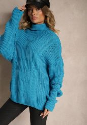 Niebieski Golf z Wiskozą w Stylu Oversize z Ozdobnym Splotem Korremi. Niebieskie swetry damskie Renee, m, bez wzorów, z wiskozy, eleganckie, bez kołnierzyka, bez ramiączek, długie, bez kaptura. Za 79.99 zł.