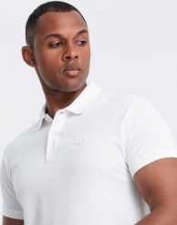 Ombre Jednokolorowa koszulka męska polo BASIC z dzianiny pique - biała V4 OM-POBS-0100 L. Białe koszulki polo męskie Ombre, l, bez wzorów, z dzianiny, bez ramiączek. Za 79.99 zł.