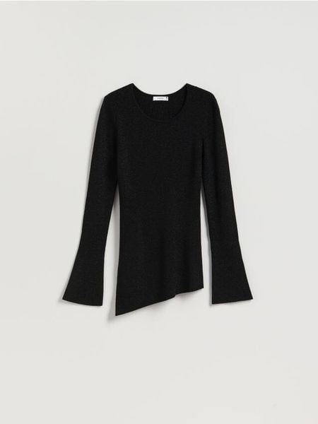 Sweter z asymetrycznym dołem - czarny. Czarne swetry damskie Reserved, l, bez wzorów, z dzianiny, z asymetrycznym kołnierzem, bez ramiączek, bez kaptura. Za 139.99 zł.