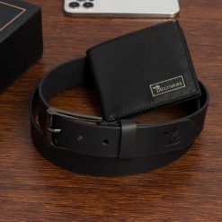 Zestaw prezentowy męski skórzany pasek portfel pudełko premium czarny Beltimore Z21. Czarne paski damskie bez wzorów. Za 129.99 zł.