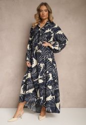 Niebieska Rozkloszowana Sukienka z Wiskozy z Motywem Liści Wilvesia. Niebieskie sukienki damskie Renee, na co dzień, m, bez wzorów, z wiskozy, eleganckie, bez kołnierzyka, bez ramiączek, maxi, rozkloszowane. Za 109.99 zł.