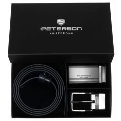 Zestaw prezentowy: dwustronny pasek skórzany w granatowym i czarnym kolorze Peterson PTN KL-B006S001 N. Czarne paski damskie Peterson, bez wzorów, ze skóry, eleganckie. Za 139.99 zł.
