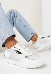 Białe Sneakersy z Metalicznymi Wstawkami i Brokatem Balfora. Białe obuwie sportowe damskie Born2be, bez wzorów. Za 84.99 zł.