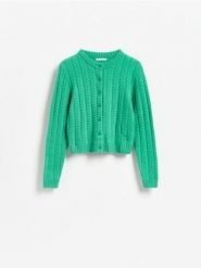Wełniany kardigan - zielony. Zielone kardigany damskie Reserved, l, bez wzorów, z wełny. Za 259.99 zł.