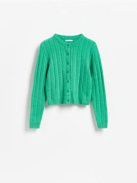 Wełniany kardigan - zielony. Zielone kardigany damskie Reserved, l, bez wzorów, z wełny. Za 259.99 zł.