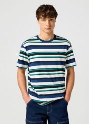 WRANGLER SS STRIPE TEE MĘSKA KOSZULKA T-SHIRT NAVY 112357450 W7B5017358. Niebieskie koszulki polo męskie Wrangler, m, bez wzorów, bez ramiączek. Za 69.99 zł.