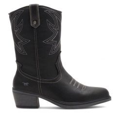 Kowbojki Mustang. Czarne botki damskie Mustang, bez obcasa, na słupku, bez zapięcia. Za 399.99 zł.