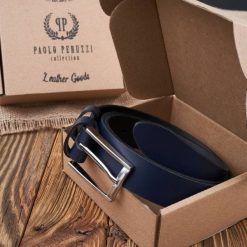 Pasek męski 130 cm granatowy PAOLO PERUZZI PG-03-DBS-130. Niebieskie paski damskie Paolo Peruzzi, bez wzorów, z jeansu, eleganckie. Za 49.00 zł.