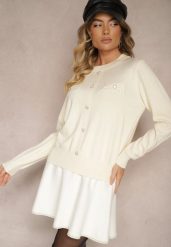 Jasnobeżowy Sweter z Wiskozą na Guziki z Perełkami i Ściągaczami Evaselle. Brązowe swetry damskie Renee, z aplikacjami, z wiskozy, casualowe, bez kołnierzyka, bez ramiączek, bez kaptura. Za 69.99 zł.
