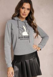Szara Bluza z Kapturem i Ozdobnym Nadrukiem Kliorre. Szare bluzy damskie Renee, l, bez wzorów, z kapturem. Za 79.99 zł.