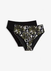 Figi bikini z wysokim stanem, lekko modelujące (2 pary). Czarne bikini damskie bonprix, bez wzorów. Za 59.98 zł.