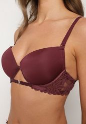Ciemnofioletowy Biustonosz Push-Up z Koronką i Wycięciem z Przodu Sariaris. Fioletowe biustonosze Renee, bez wzorów, z koronki. Za 39.99 zł.