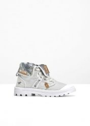 Wysokie sneakersy marki Mustang, z bawełnianego płótna. Szare obuwie sportowe damskie bonprix, bez wzorów, z bawełny. Za 249.99 zł.