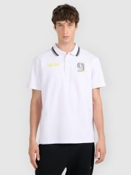 4F Koszulka polo regular męska 4F x Robert Lewandowski - biała XL. Białe koszulki polo męskie 4f, m, bez wzorów, z bawełny, bez kołnierzyka, bez ramiączek. Za 129.99 zł.