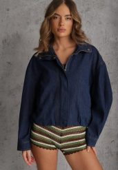 Niebieska Przejściowa Kurtka Jeansowa Balloon z Bawełny z Kołnierzykiem Abijena. Niebieskie kurtki damskie Renee, m, bez wzorów, z bawełny, bez kaptura. Za 189.99 zł.