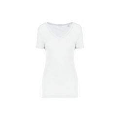 Damska koszulka z dekoltem w serek Kariban Lyocell Tencel™. Białe koszulki sportowe damskie KARIBAN, bez wzorów, z lyocellu, bez kołnierzyka, bez ramiączek. Za 94.50 zł.