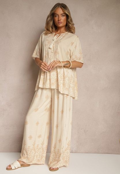 Beżowy Komplet z Wiskozy Spodnie i Bluzka Ozdobiona Wiązaniem Lunarelis. Brązowe bluzki damskie Renee, l, bez wzorów, z wiskozy, eleganckie, bez kołnierzyka, bez ramiączek. Za 129.99 zł.