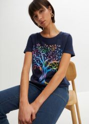 T-shirt z nadrukiem, bawełna organiczna. Niebieskie t-shirty damskie bonprix, bez wzorów, z bawełny, bez kołnierzyka. Za 39.99 zł.