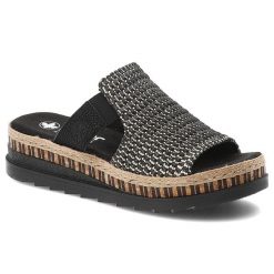 Czarne Klapki Rieker Eleganckie Obuwie Damskie. Czarne klapki damskie Rieker, bez wzorów, ze splotem, bez obcasa, na koturnie, bez zapięcia. Za 329.00 zł.