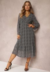 Czarna Sukienka Kataea. Czarne sukienki damskie Renee, l, z aplikacjami, z tkaniny, bez kołnierzyka, bez ramiączek, midi, rozkloszowane. Za 74.99 zł.