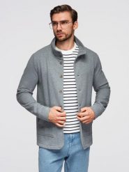 Bluza męska zapinana na guziki ze stójką – szary melanż V7 - Rozmiar: XL. Szare bluzy męskie Ombre Clothing, m, bez wzorów, z bawełny, bez kaptura. Za 209.99 zł.