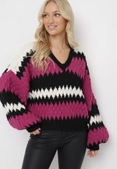 Fuksjowy Sweter Oversize z Ozdobnym Wzorem Dzianiny Mexio. Czerwone swetry damskie Born2be, bez wzorów, z dzianiny, bez kołnierzyka, bez ramiączek, długie, bez kaptura. Za 159.99 zł.