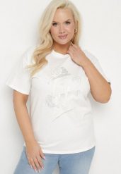 Biały T-shirt z Bawełny z Cyrkoniowym Nadrukiem Sovtebia. Białe bluzki damskie Born2be, xl, z aplikacjami, z bawełny, klasyczne, bez kołnierzyka. Za 49.99 zł.