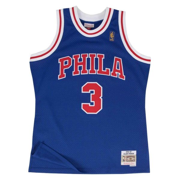 Koszulka NBA Philadelphia 76ers Allen Iverson. Niebieskie koszulki sportowe męskie Mitchell & Ness, bez wzorów, bez kołnierzyka, bez ramiączek, na fitness i siłownię. W wyprzedaży za 402.00 zł.