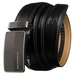Elegancki pasek męski z automatyczną klamrą wykonany ze skóry naturalnej w czarnym kolorze - Peterson. Czarne paski damskie bez wzorów, ze skóry, eleganckie. Za 49.99 zł.