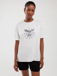 Koszulka damska oversize z nadrukiem biała Serta 100. Białe t-shirty damskie Big Star, l, bez wzorów, z bawełny, retro, bez kołnierzyka. W wyprzedaży za 29.99 zł.