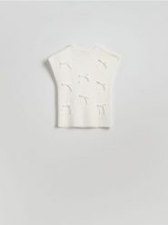 Bluzka z kokardami - złamana biel. Bluzki damskie Reserved, l, bez wzorów, z dzianiny, bez kołnierzyka, bez ramiączek. W wyprzedaży za 49.99 zł.