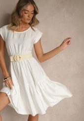 Biała Rozkloszowana Sukienka z Wiskozy Linurea. Białe sukienki damskie Renee, na co dzień, bez wzorów, z wiskozy, eleganckie, bez kołnierzyka, bez ramiączek, midi, rozkloszowane. Za 69.99 zł.