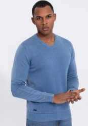 Ombre Męski sweter washowany z dekoltem w serek - niebieski V4 OM-SWOS-0108 M. Niebieskie swetry przez głowę męskie Ombre, m, bez wzorów, bez kołnierzyka. Za 139.99 zł.