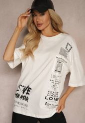Biała Koszulka z Elastycznej Bawełny Ozdobiona Napisami Trives. Białe bluzki damskie Renee, l, bez wzorów, z bawełny, bez kołnierzyka. Za 44.99 zł.