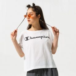 T-SHIRT DAMSKI KOSZULKA SPORTOWA CHAMPION- CREWNECK TEE. Białe koszulki sportowe damskie Champion, l, bez wzorów, z bawełny, bez kołnierzyka, bez ramiączek, na fitness i siłownię. Za 116.00 zł.