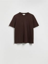 T-shirt regular z interlokowym splotem - brązowy. Brązowe t-shirty męskie Reserved, l, bez wzorów, z dzianiny, bez kołnierzyka. Za 99.99 zł.