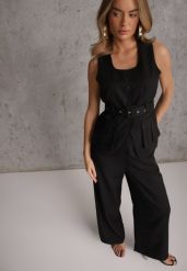 Czarny Garniturowy Komplet z Bawełną Spodnie Wide Leg i Kamizelka Utility Aloane. Czarne spodnie materiałowe damskie Renee, l, bez wzorów, z bawełny. Za 199.99 zł.