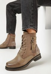 Ciemnobeżowe Botki z Ozdobnym Suwakiem i Paseczkiem Telonie. Brązowe botki damskie Born2be, z jeansu, eleganckie, bez obcasa, na obcasie, bez zapięcia. Za 159.99 zł.