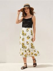 Bawełniana spódnica midi z falbanami w cytryny - wielobarwny. Spódnice damskie Sinsay, l, bez wzorów, z bawełny, midi. Za 49.99 zł.