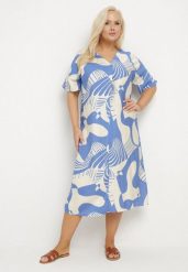 Niebieska Sukienka o Pudełkowym Kroju z Dekoltem w Serek w Abstrakcyjny Print Salliven. Niebieskie sukienki damskie Born2be, na co dzień, plus size, bez wzorów, eleganckie, bez kołnierzyka, plus size, bez ramiączek, midi. Za 59.99 zł.