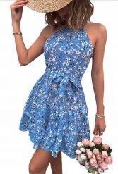 Piękna damska sukienka mini modna w kwiaty niebieska blue wiązana XL. Niebieskie sukienki damskie Pan i Pani Gadżet, xl, bez wzorów, sportowe, bez kołnierzyka, bez ramiączek, mini, sportowe. Za 89.25 zł.