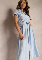 Niebieska Rozkloszowana Sukienka o Koszulowym Kroju Ozdobiona Paskiem w Talii i Guzikami Rosofia. Niebieskie sukienki damskie Renee, na co dzień, l, bez wzorów, eleganckie, bez kołnierzyka, bez ramiączek, midi, koszulowe. Za 89.99 zł.