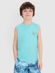 4F Tank top regular z nadrukiem chłopięcy - turkusowy 134 (8-9 lat). Niebieskie t-shirty dla chłopców 4f, bez wzorów, z bawełny, bez ramiączek. W wyprzedaży za 19.99 zł.