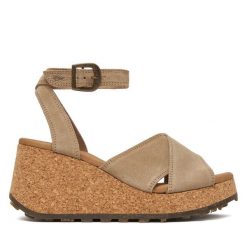 Sandały Fly London. Brązowe sandały damskie Fly London, bez wzorów, bez obcasa, na koturnie, bez zapięcia. Za 716.99 zł.