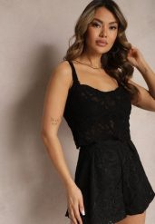 Czarny Koronkowy Tank Top z Bawełny Hassia. Czarne bluzki damskie Renee, bez wzorów, z bawełny, bez kołnierzyka, bez ramiączek. Za 39.99 zł.