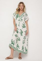 Zielono-Beżowa Sukienka z Lnem i Wiskozą o Pudełkowym Kroju Sadirene. Zielone sukienki damskie Born2be, na co dzień, na lato, l, bez wzorów, z wiskozy, eleganckie, bez kołnierzyka, bez ramiączek, maxi. Za 74.99 zł.